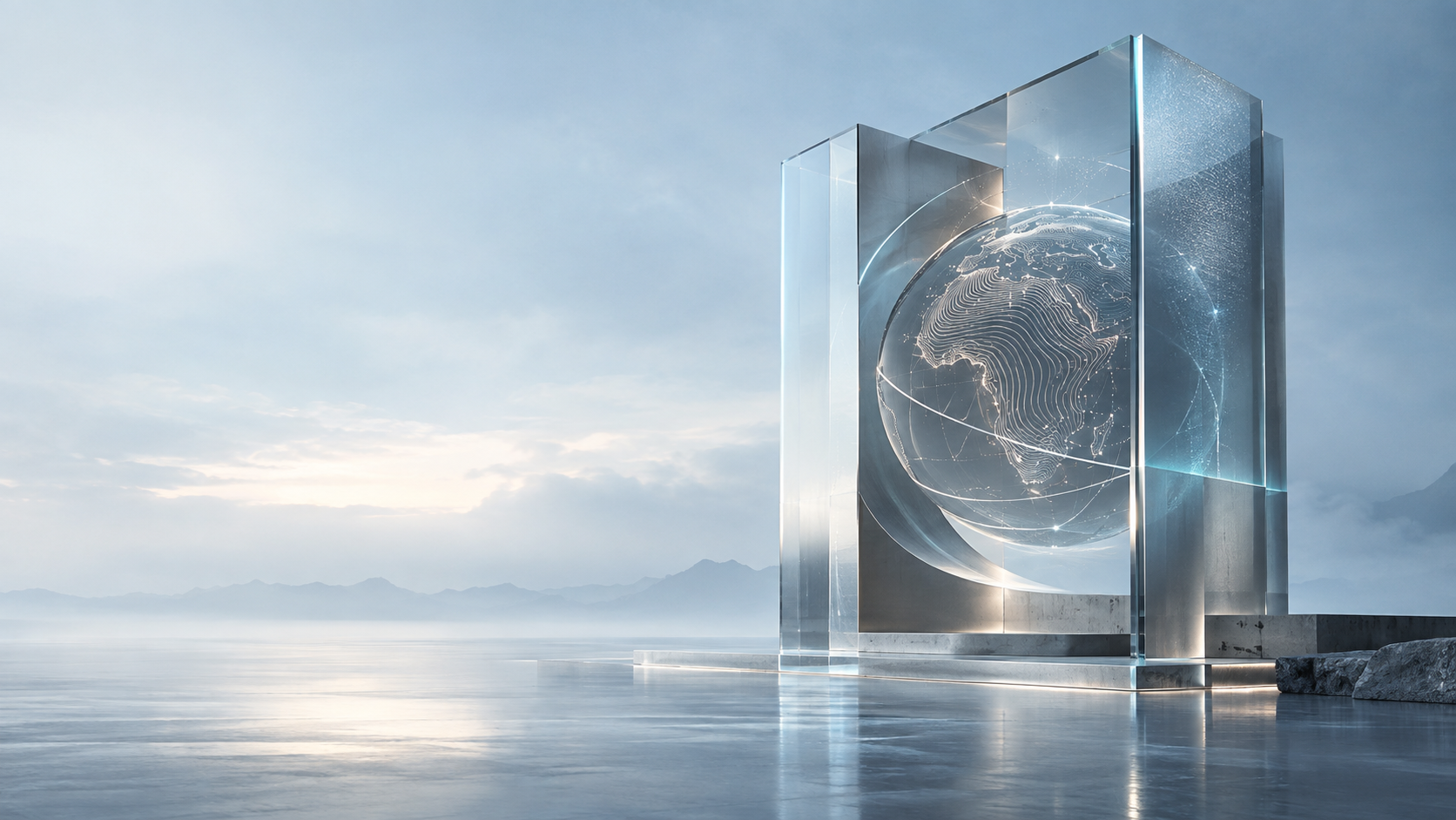 An architectural glass monolith containing an illuminated topographic interpretation of Africa.